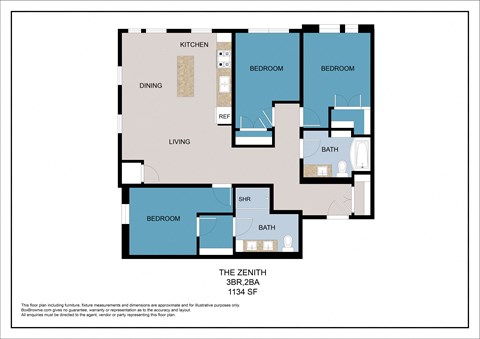Floor plan for 3 beds, 2 baths, 1134 sqft